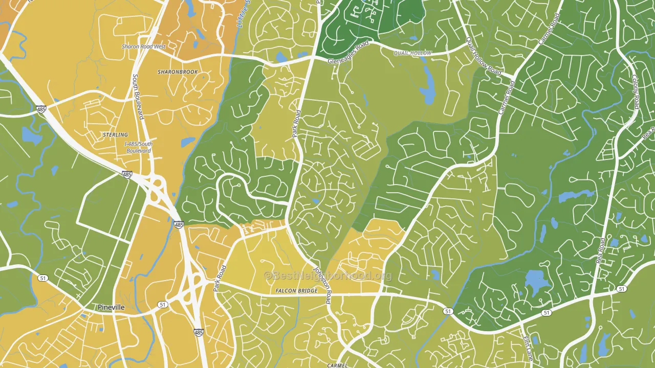 Map of the best neighborhoods in the Seven Eagles, Charlotte area, with better matches in green and worse matches in red
