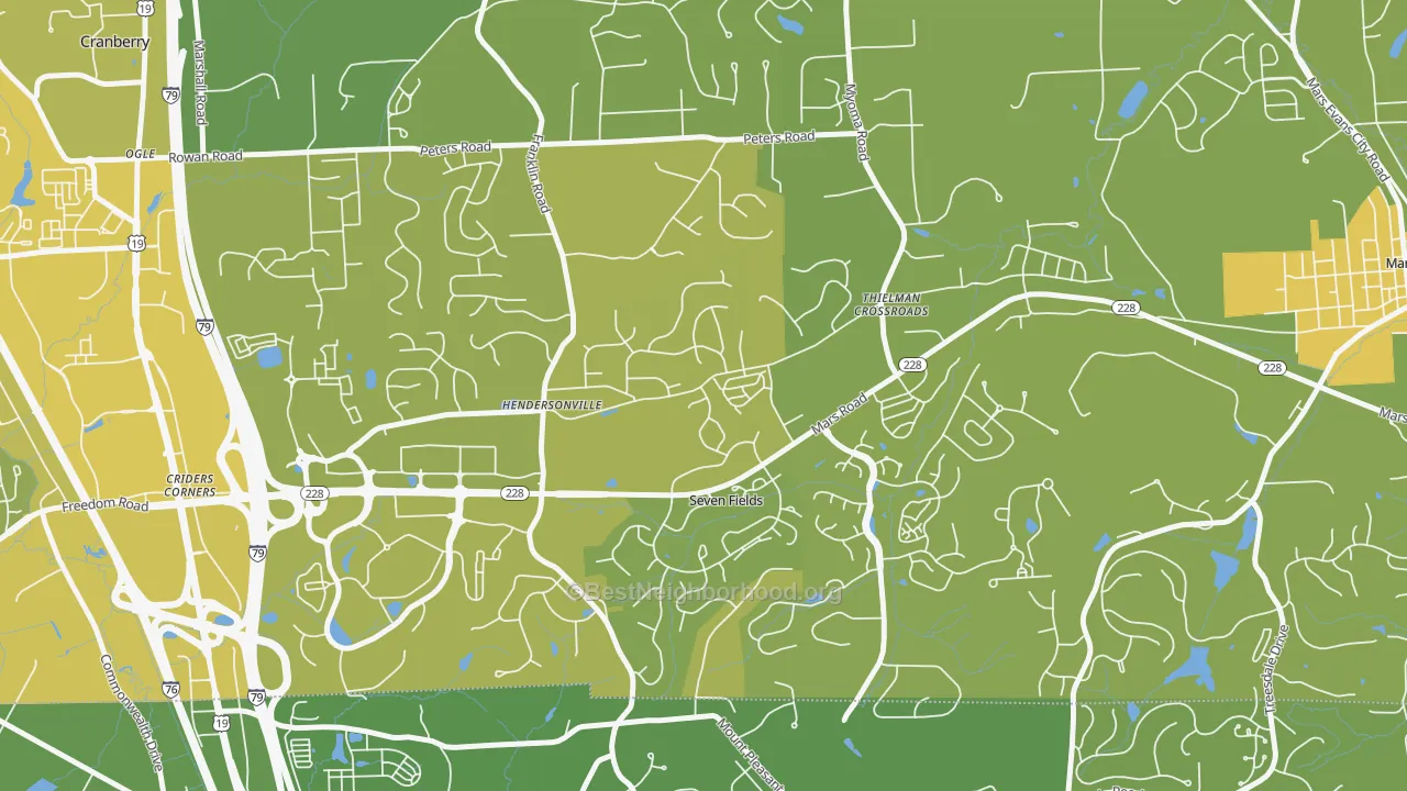 Map of the best neighborhoods in the Seven Fields area, with better matches in green and worse matches in red