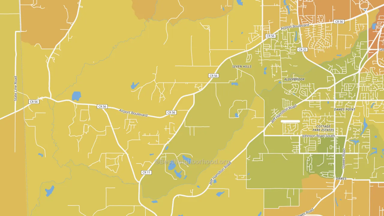 Map of the best neighborhoods in the Seven Hills area, with better matches in green and worse matches in red