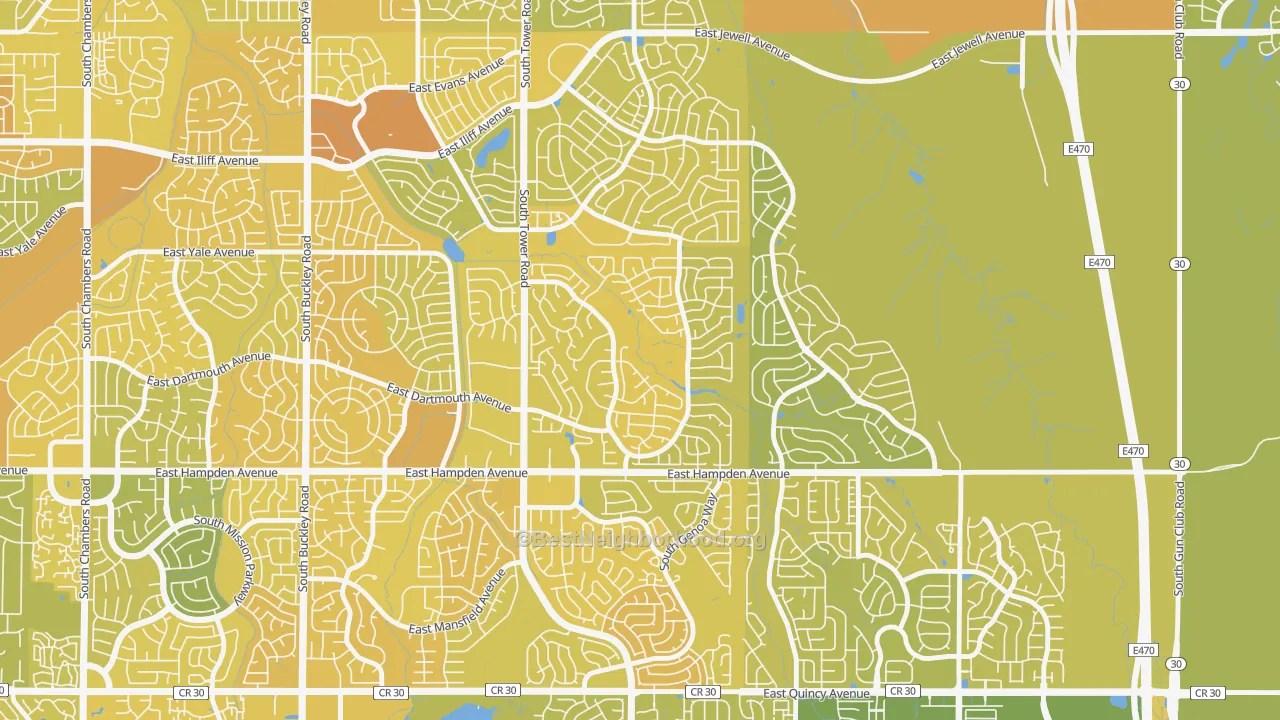 Map of the best neighborhoods in the Seven Hills, Aurora area, with better matches in green and worse matches in red
