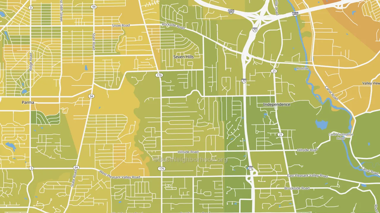 Map of the best neighborhoods in the Seven Hills area, with better matches in green and worse matches in red