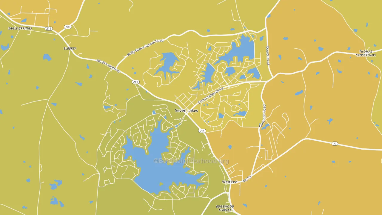 Map of the best neighborhoods in the Seven Lakes area, with better matches in green and worse matches in red