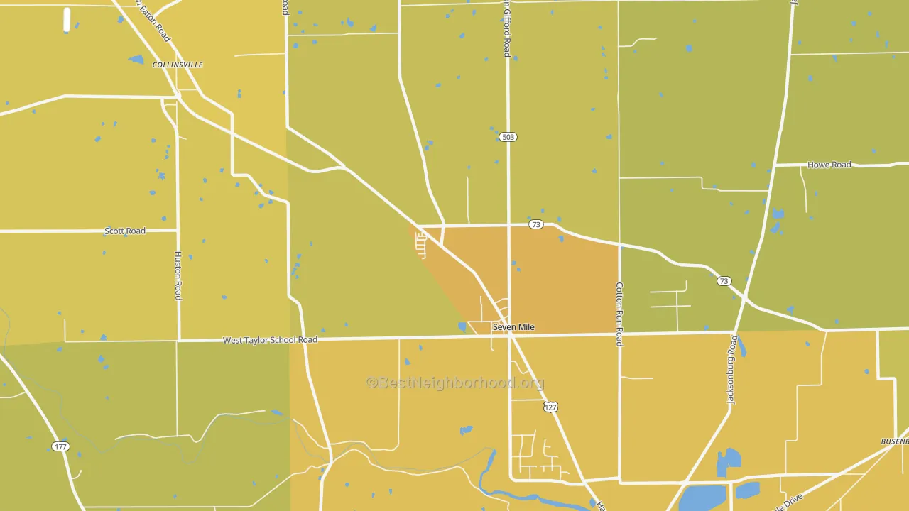 Map of the best neighborhoods in the Seven Mile area, with better matches in green and worse matches in red