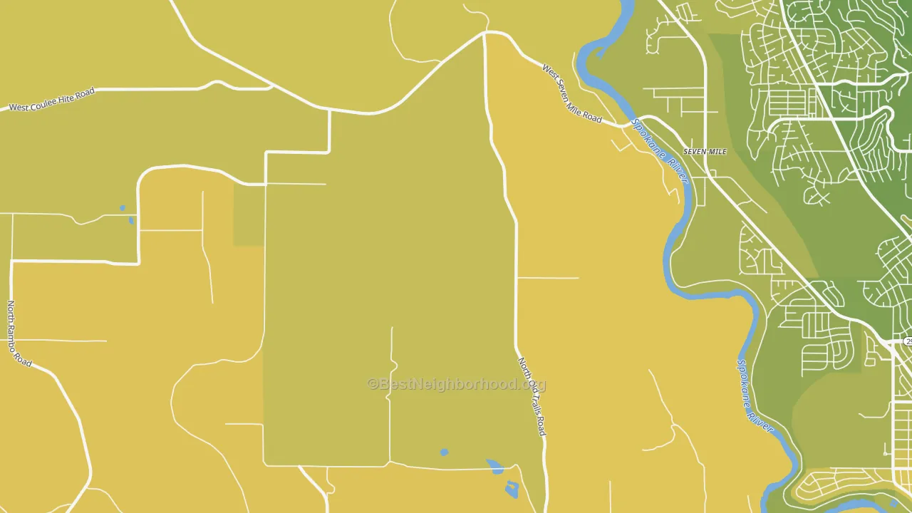 Map of the best neighborhoods in the Seven Mile area, with better matches in green and worse matches in red