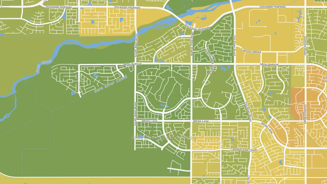 Map of the best neighborhoods in the Seven Oaks at Grand Island, Bakersfield area, with better matches in green and worse matches in red