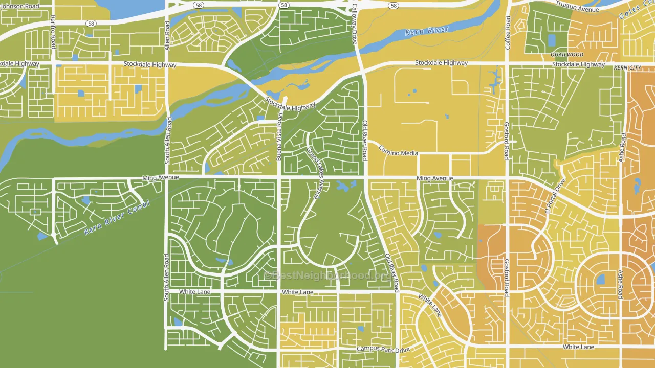 Map of the best neighborhoods in the Seven Oaks, Bakersfield area, with better matches in green and worse matches in red
