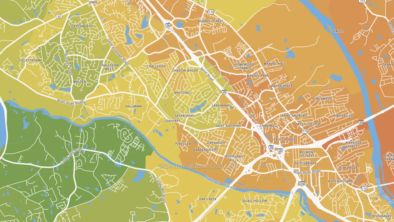 Map of the best neighborhoods in the Seven Oaks area, with better matches in green and worse matches in red