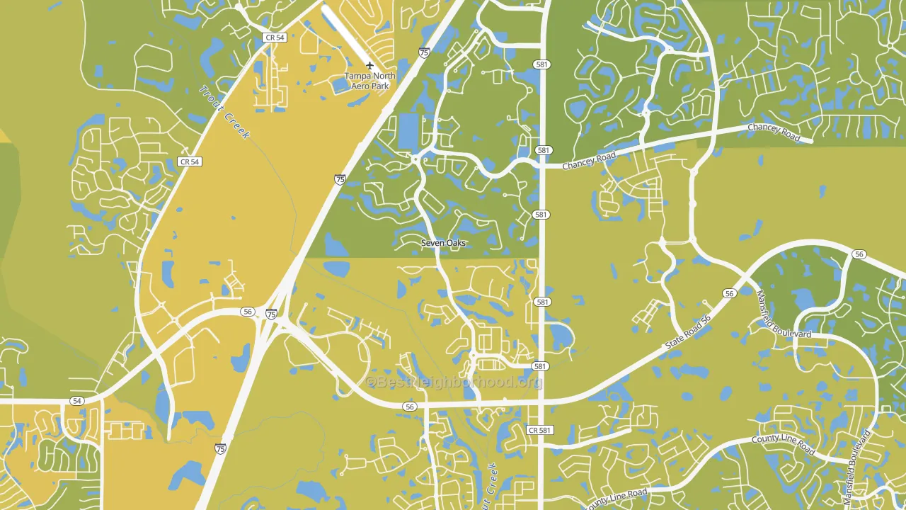 Map of the best neighborhoods in the Seven Oaks, Wesley Chapel area, with better matches in green and worse matches in red