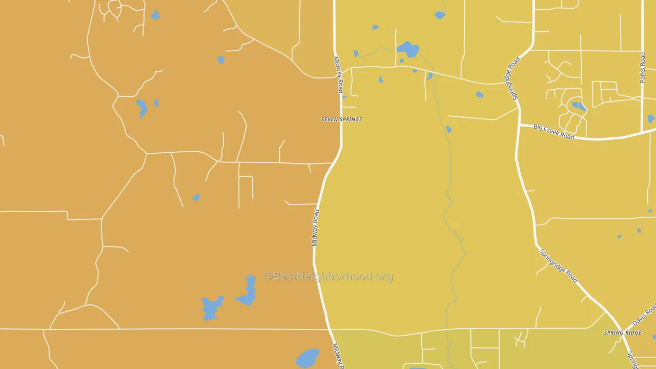 Map of the best neighborhoods in the Seven Springs area, with better matches in green and worse matches in red