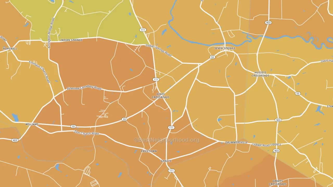 Map of the best neighborhoods in the Seven Springs area, with better matches in green and worse matches in red