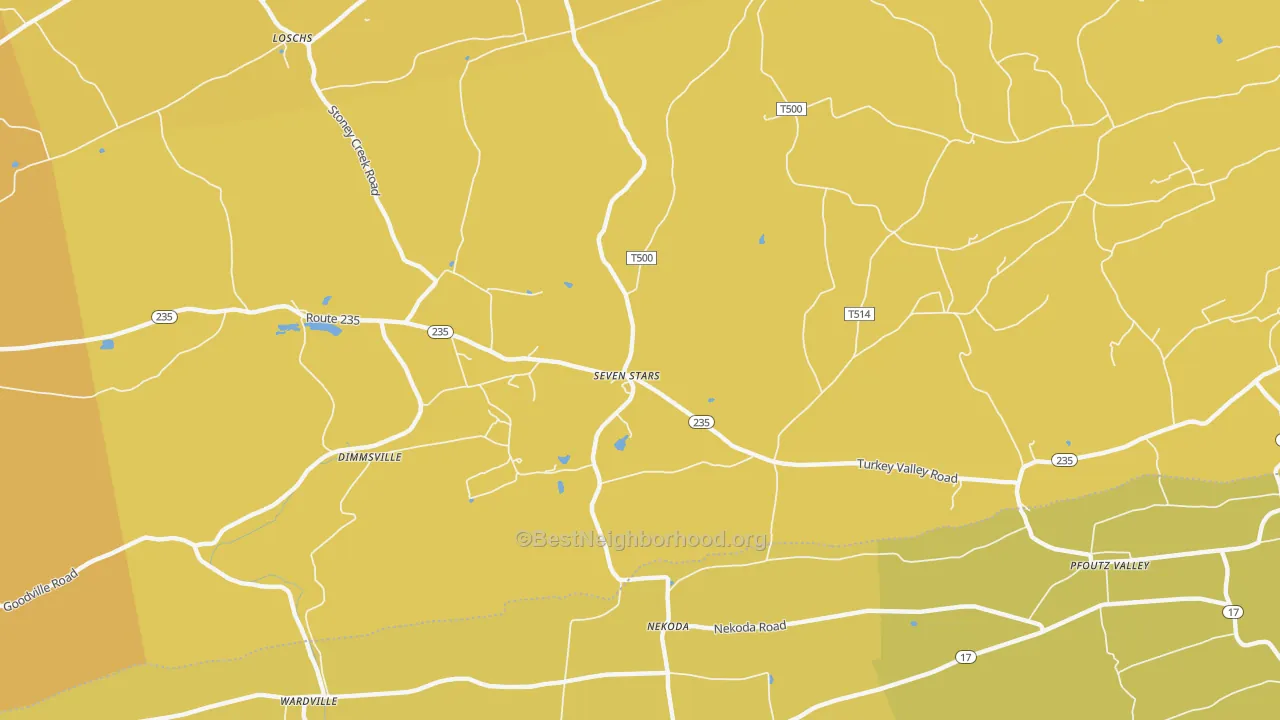 Map of the best neighborhoods in the Seven Stars area, with better matches in green and worse matches in red