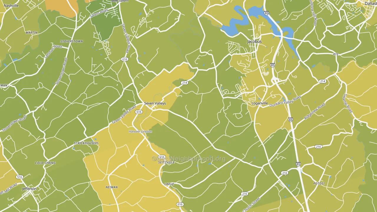 Map of the best neighborhoods in the Seven Valleys area, with better matches in green and worse matches in red