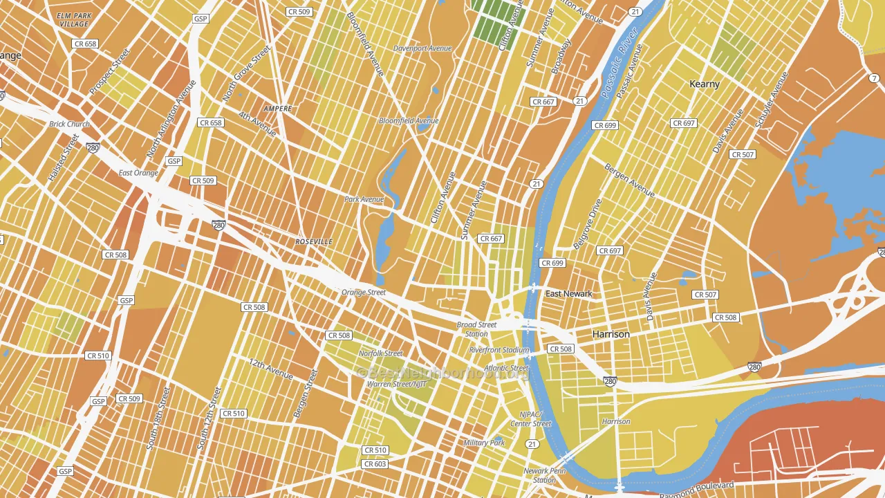 Map of the best neighborhoods in the Seventh Avenue, Newark area, with better matches in green and worse matches in red