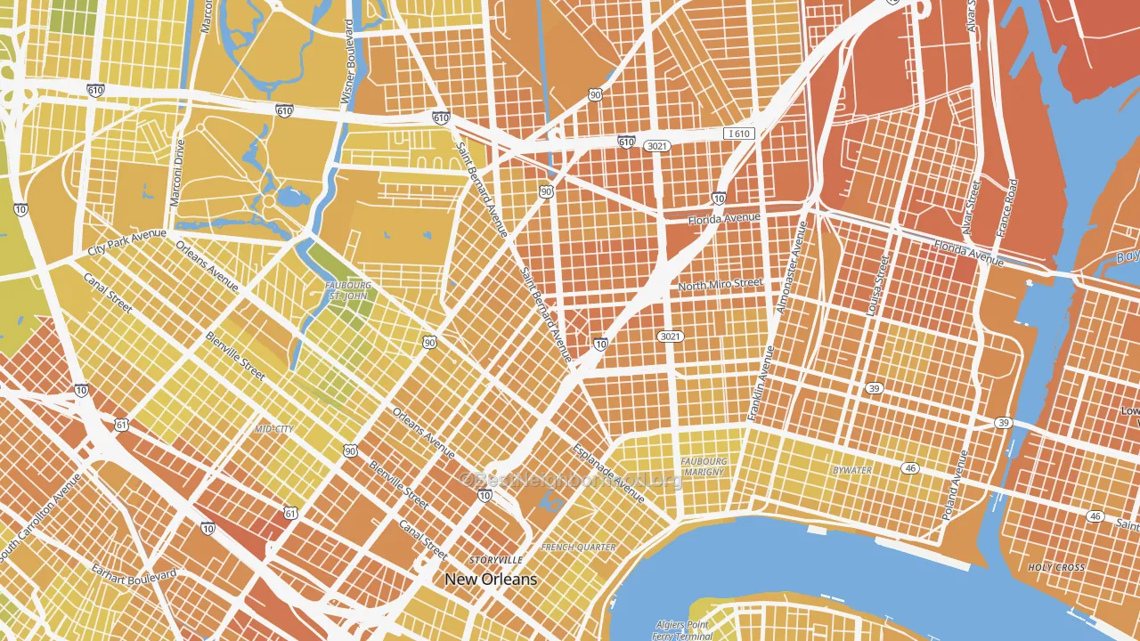 Map of the best neighborhoods in the Seventh Ward, New Orleans area, with better matches in green and worse matches in red