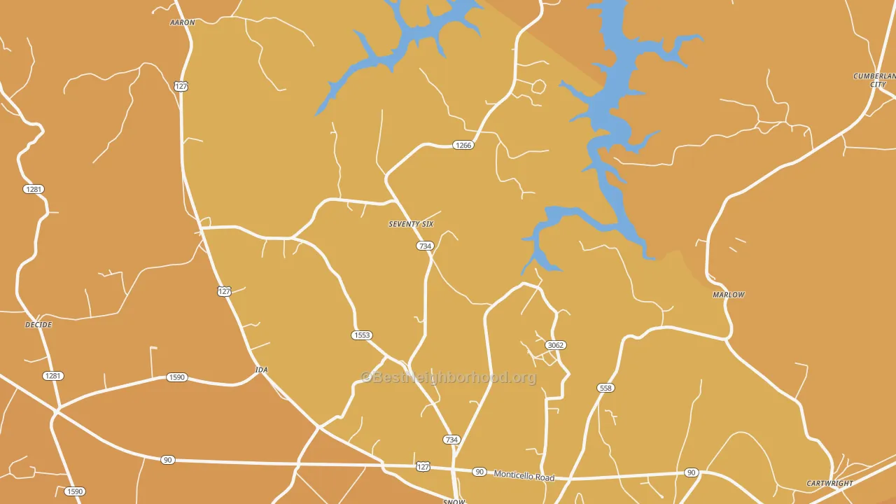 Map of the best neighborhoods in the Seventy Six area, with better matches in green and worse matches in red