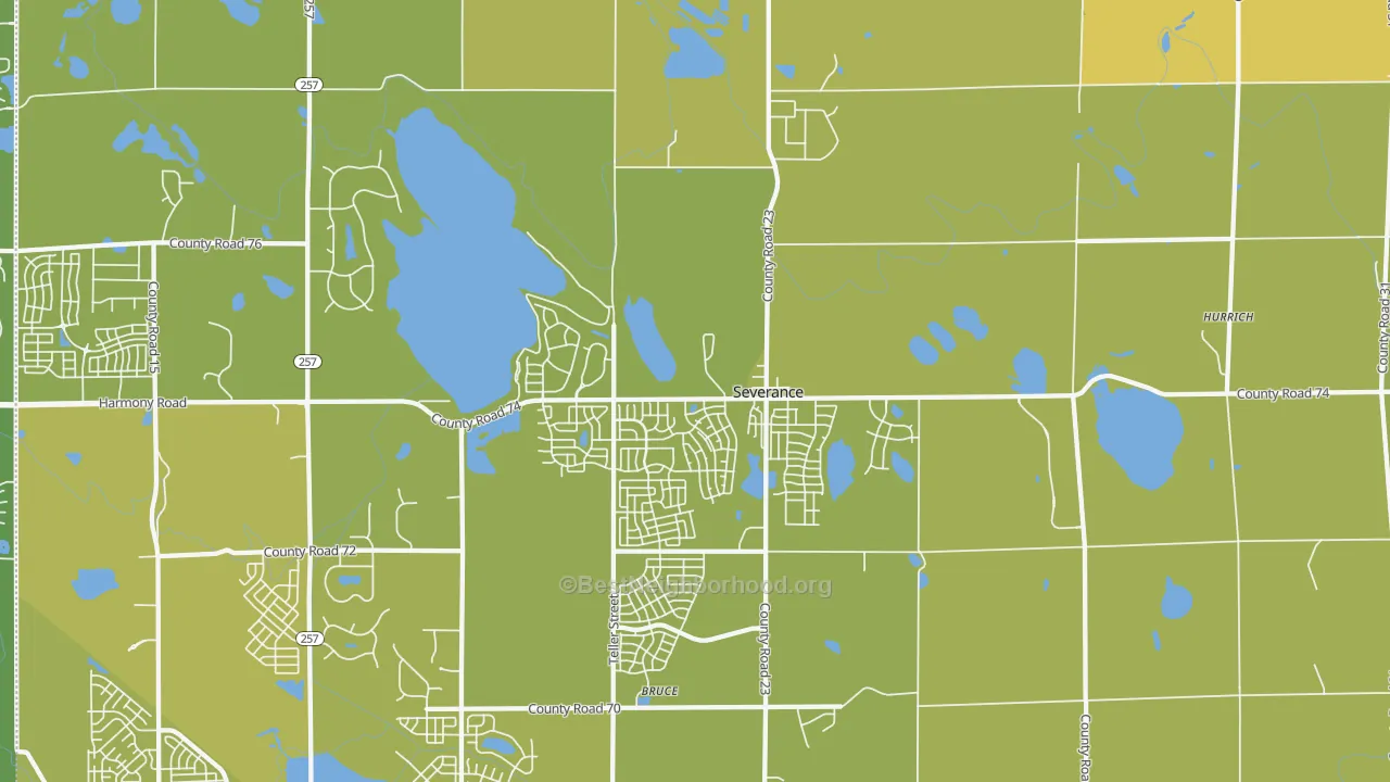 Map of the best neighborhoods in the Severance area, with better matches in green and worse matches in red