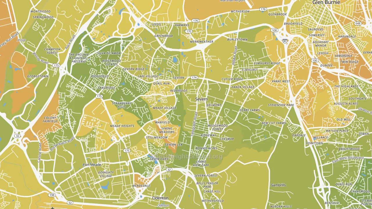 Map of the best neighborhoods in the Severn area, with better matches in green and worse matches in red