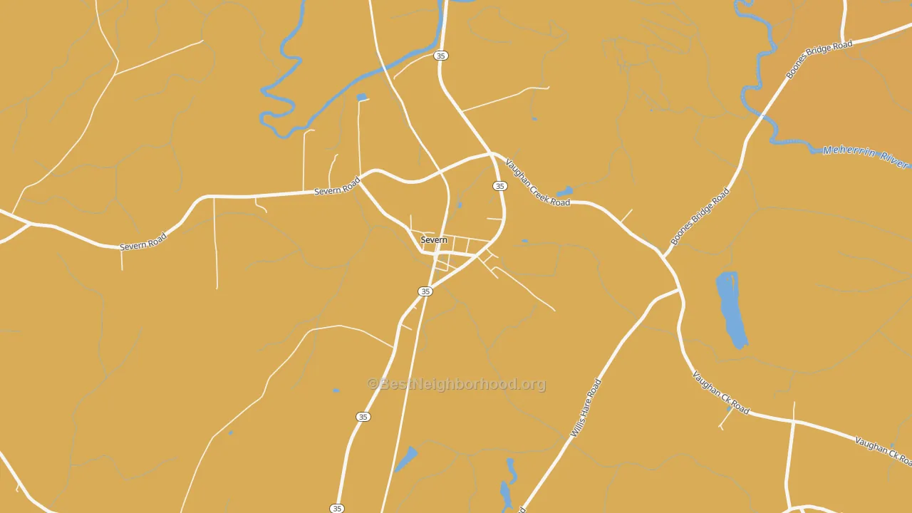 Map of the best neighborhoods in the Severn area, with better matches in green and worse matches in red