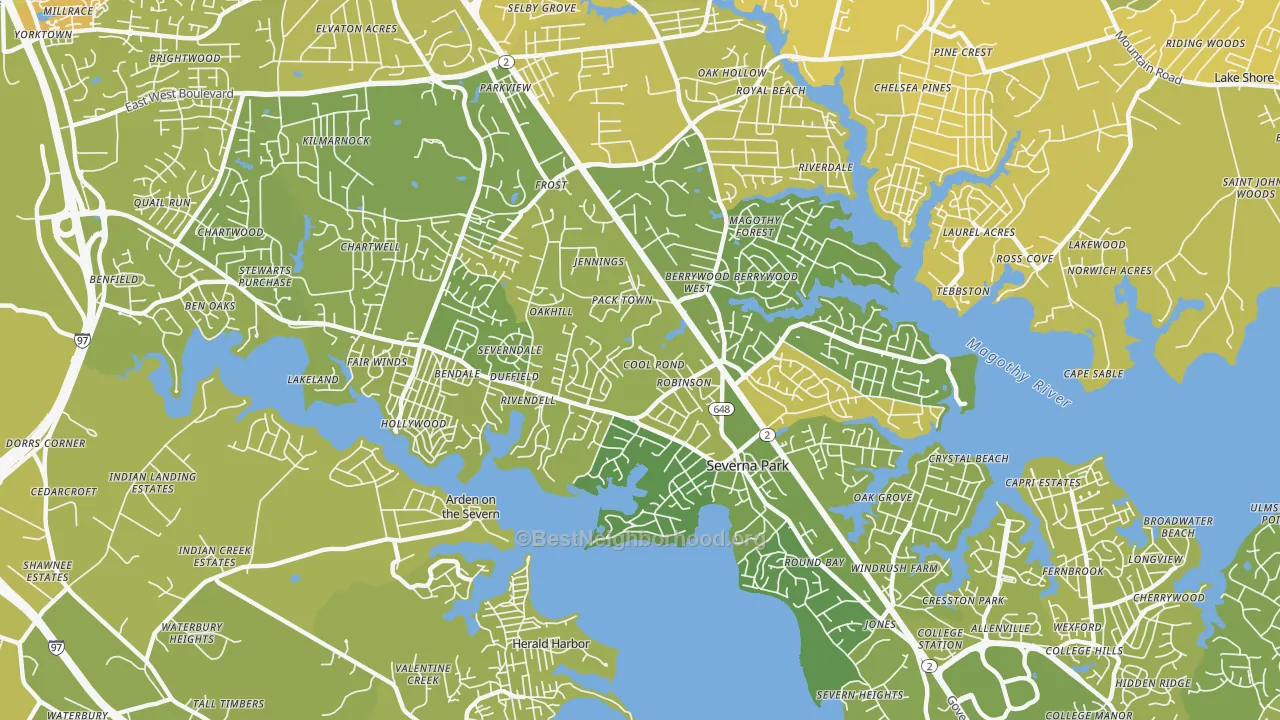 Map of the best neighborhoods in the Severna Park area, with better matches in green and worse matches in red