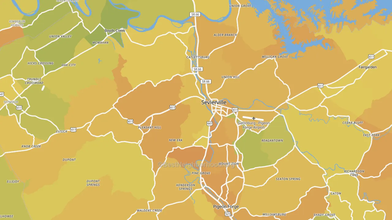 Map of the best neighborhoods in the Sevier County area, with better matches in green and worse matches in red