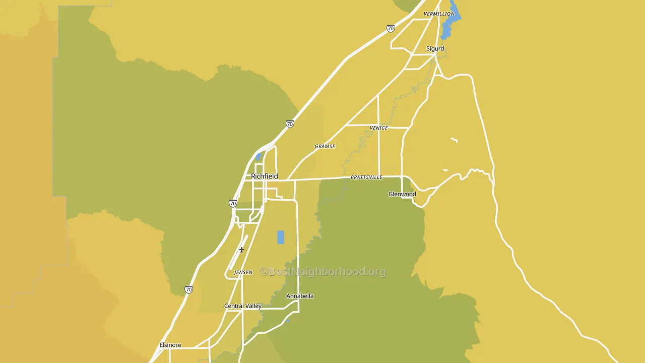 Map of the best neighborhoods in the Sevier County area, with better matches in green and worse matches in red