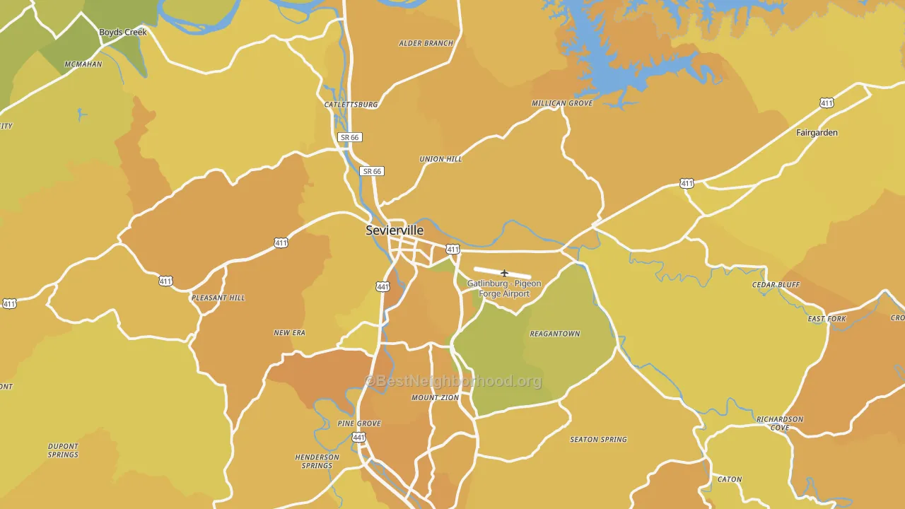 Map of the best neighborhoods in the Sevierville area, with better matches in green and worse matches in red
