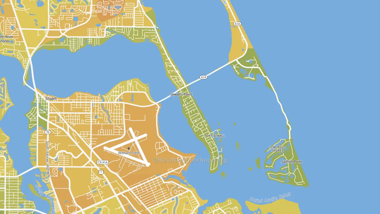Map of the best neighborhoods in the Sewalls Point area, with better matches in green and worse matches in red