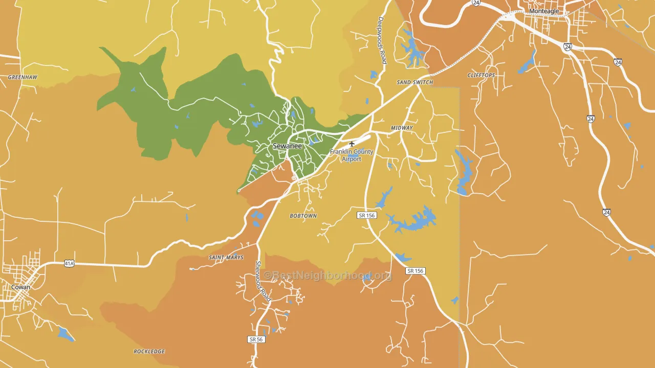 Map of the best neighborhoods in the Sewanee area, with better matches in green and worse matches in red