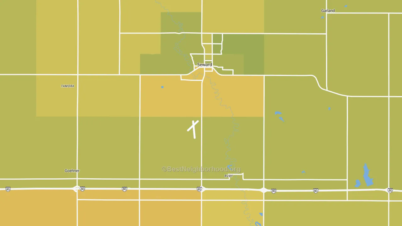 Map of the best neighborhoods in the Seward County area, with better matches in green and worse matches in red