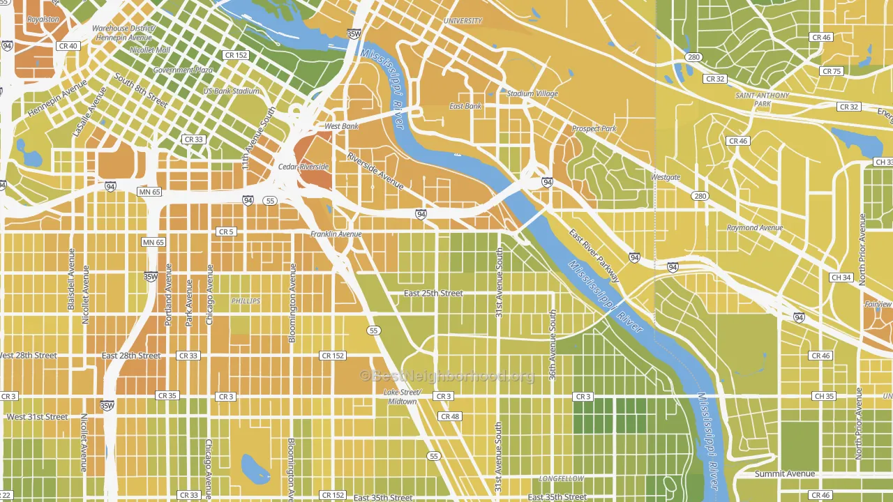 Map of the best neighborhoods in the Seward, Minneapolis area, with better matches in green and worse matches in red