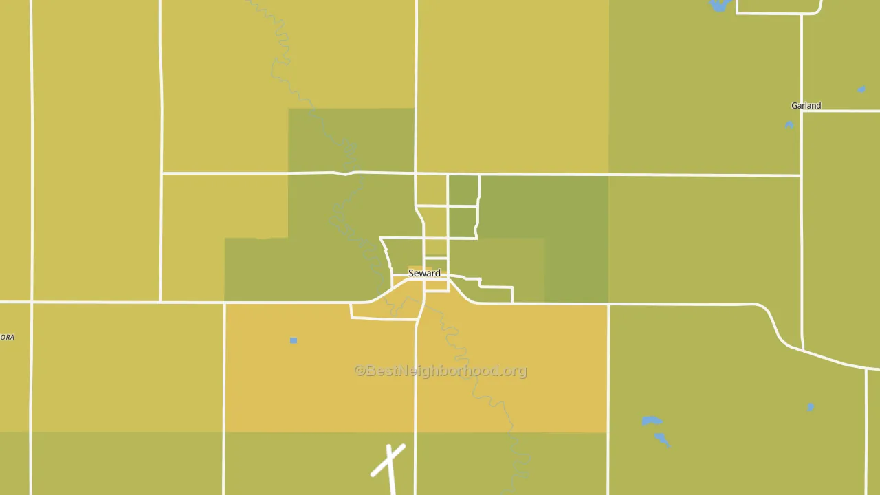Map of the best neighborhoods in the Seward area, with better matches in green and worse matches in red