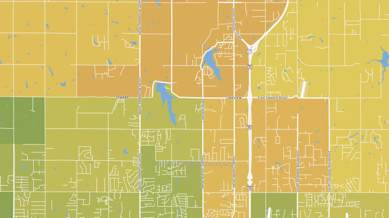 Map of the best neighborhoods in the Seward area, with better matches in green and worse matches in red
