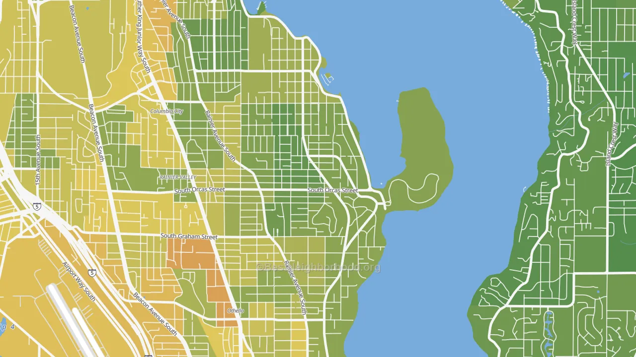 Map of the best neighborhoods in the Seward Park, Seattle area, with better matches in green and worse matches in red