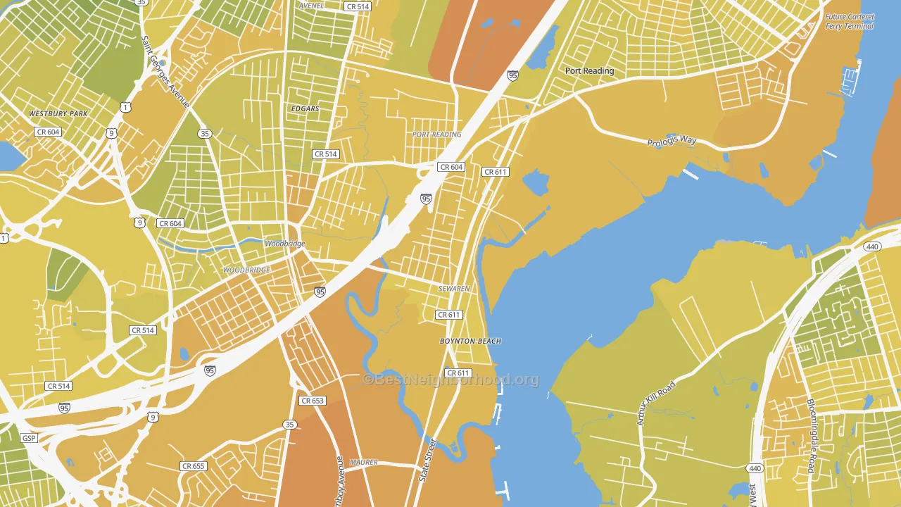 Map of the best neighborhoods in the Sewaren area, with better matches in green and worse matches in red