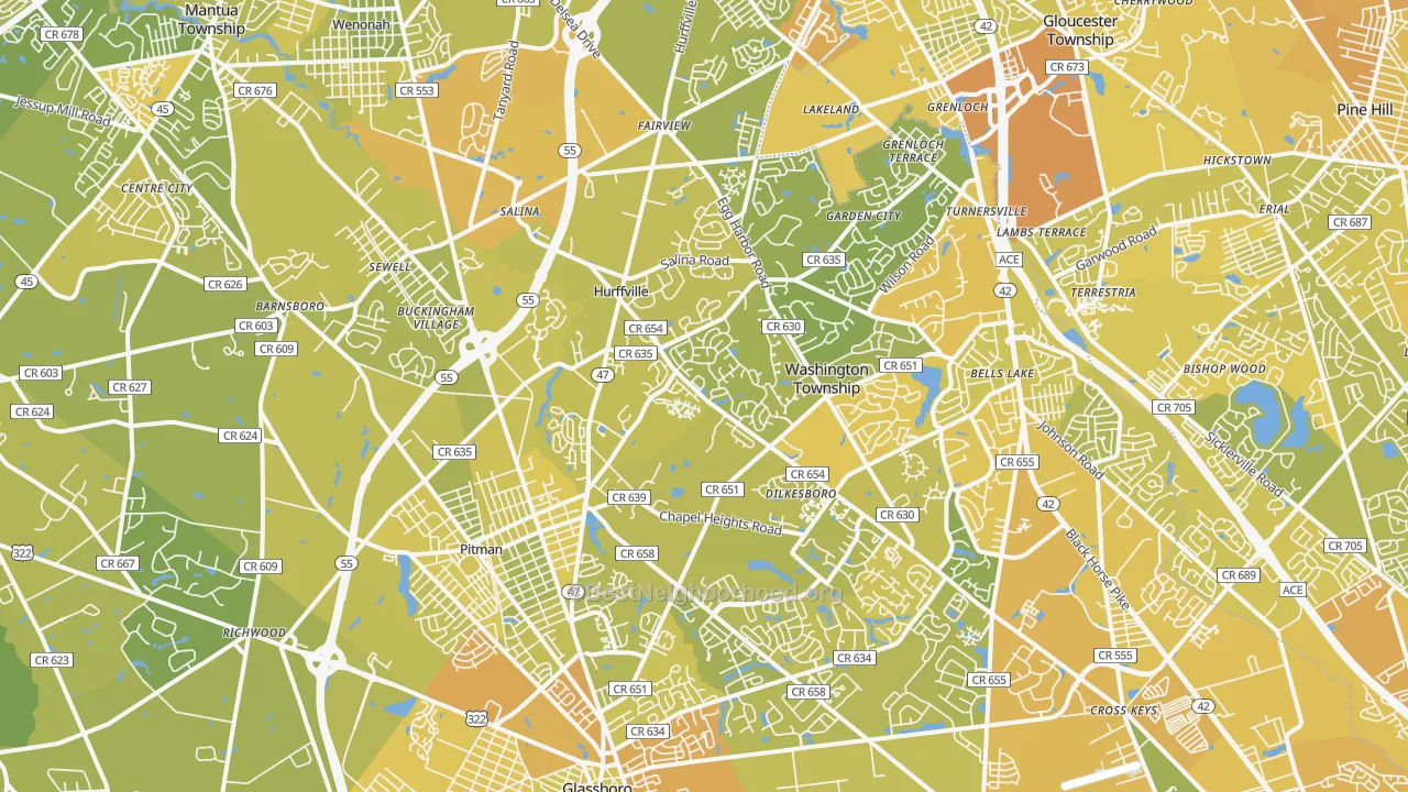 Map of the best neighborhoods in the Sewell area, with better matches in green and worse matches in red