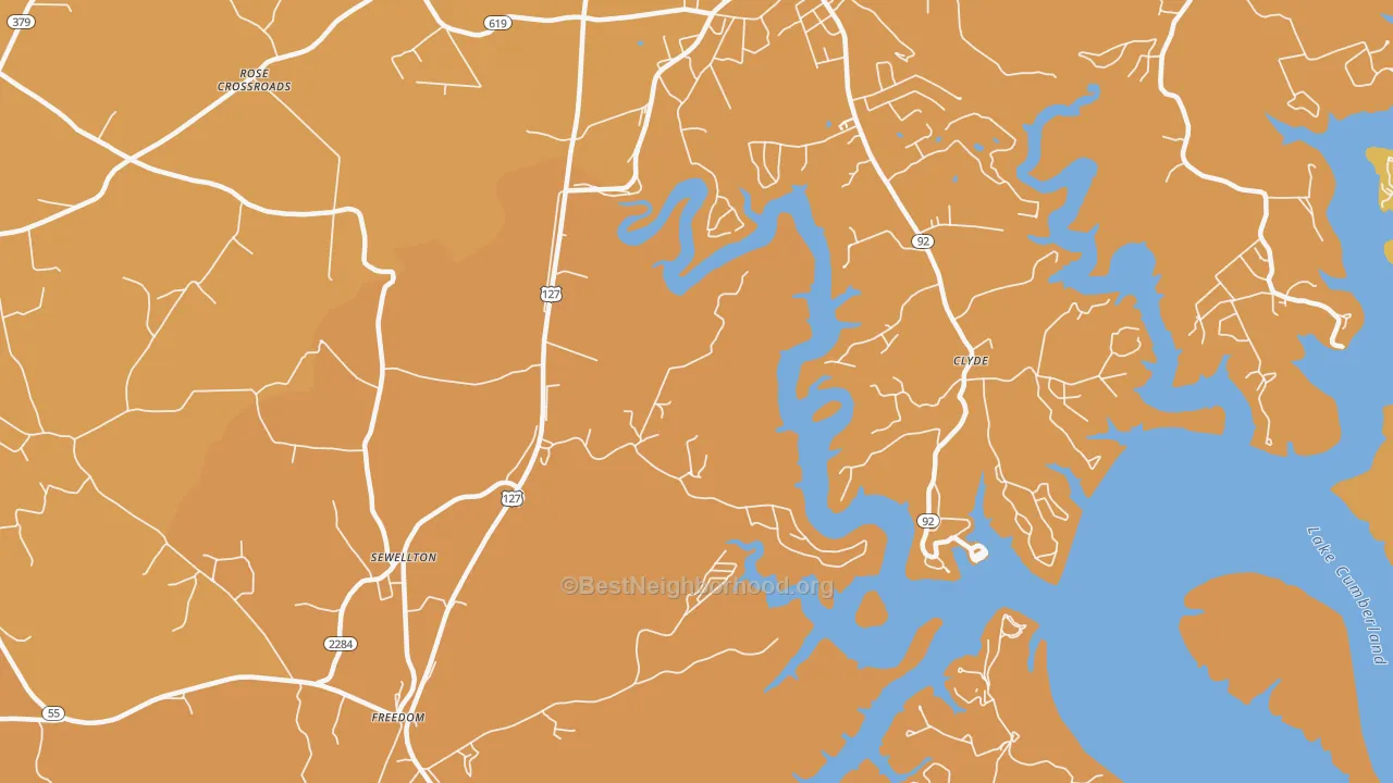 Map of the best neighborhoods in the Sewellton area, with better matches in green and worse matches in red
