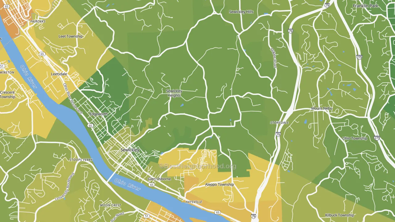 Map of the best neighborhoods in the Sewickley Heights area, with better matches in green and worse matches in red