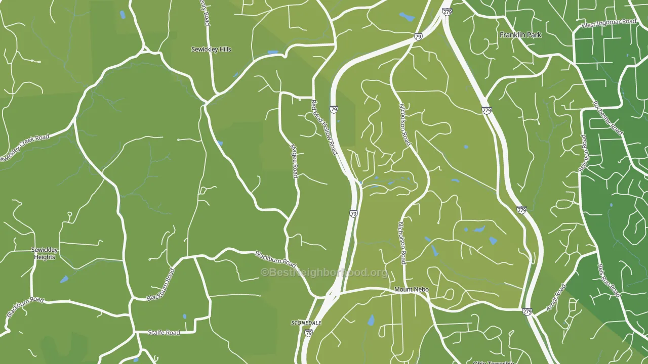 Map of the best neighborhoods in the Sewickley Hills area, with better matches in green and worse matches in red