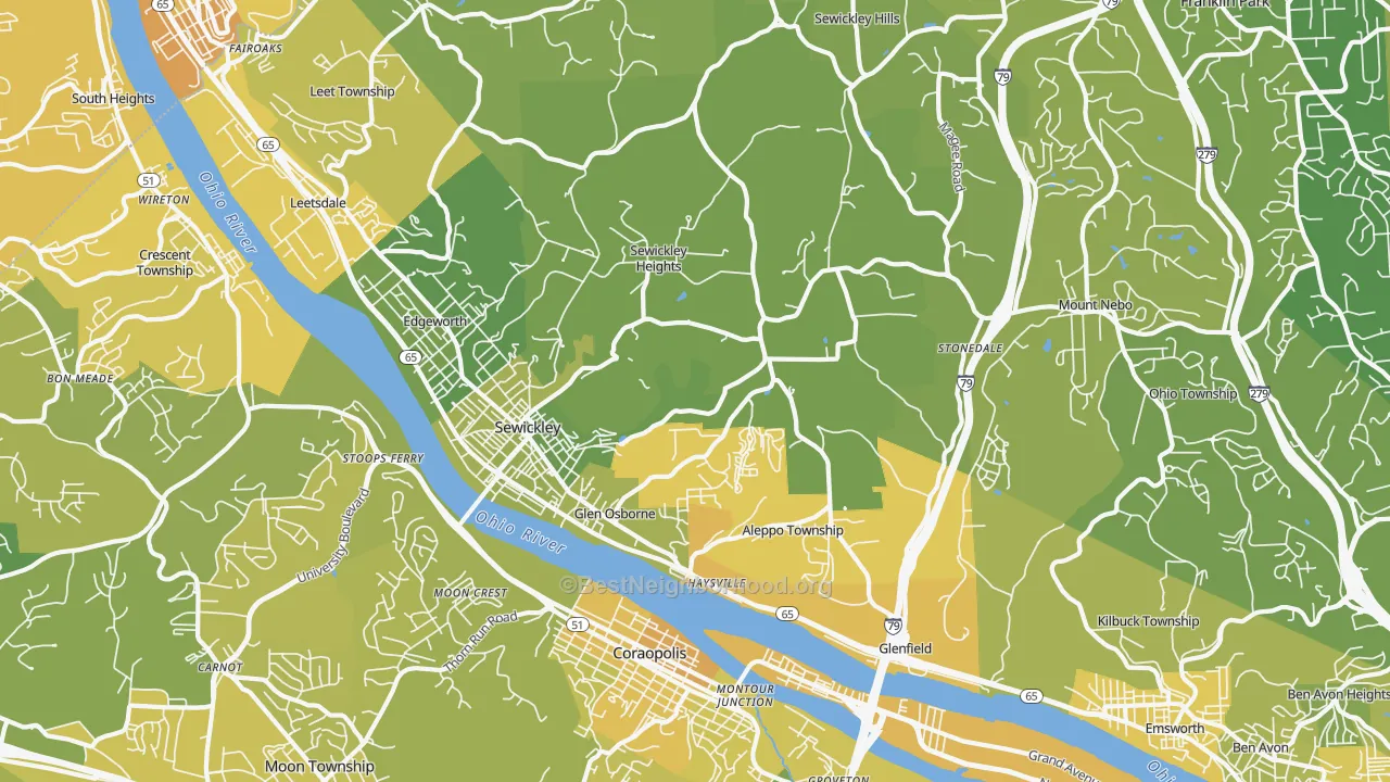 Map of the best neighborhoods in the Sewickley area, with better matches in green and worse matches in red