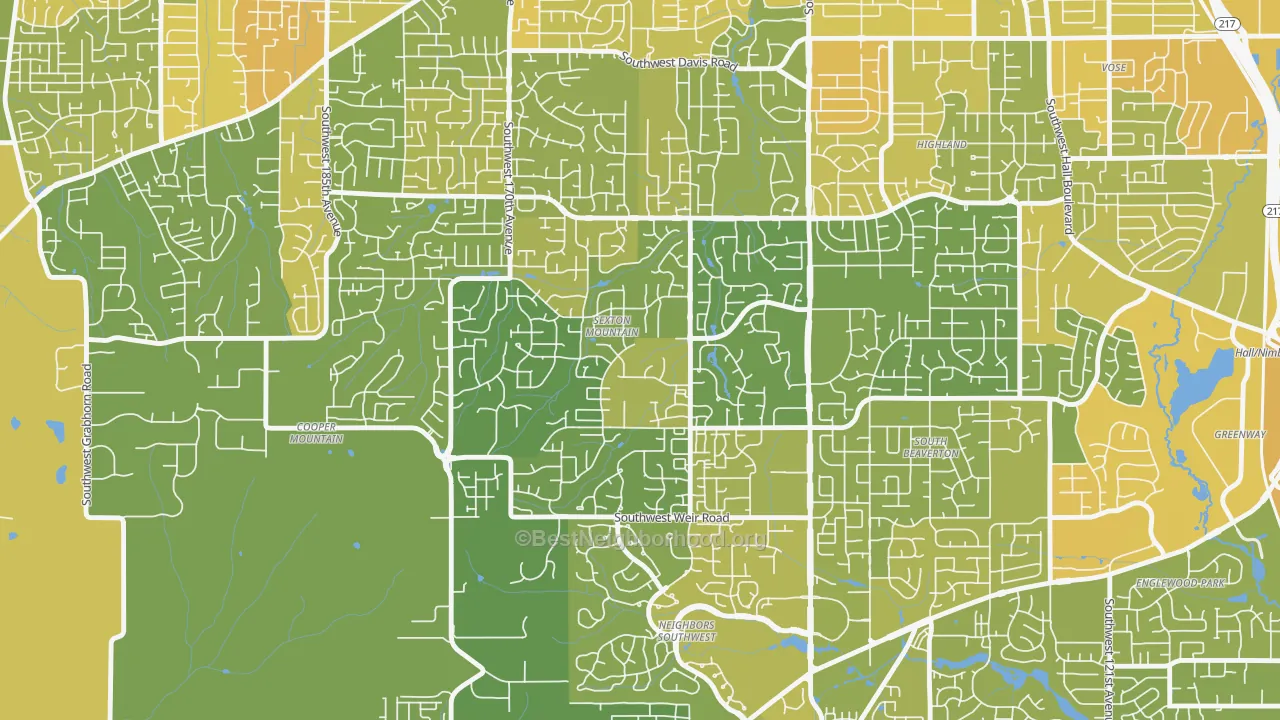 Map of the best neighborhoods in the Sexton Mountain, Beaverton area, with better matches in green and worse matches in red
