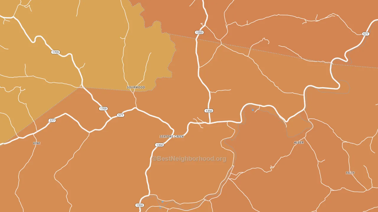 Map of the best neighborhoods in the Sextons Creek area, with better matches in green and worse matches in red
