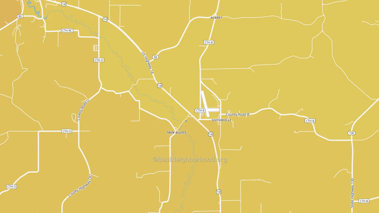 Map of the best neighborhoods in the Sextonville area, with better matches in green and worse matches in red