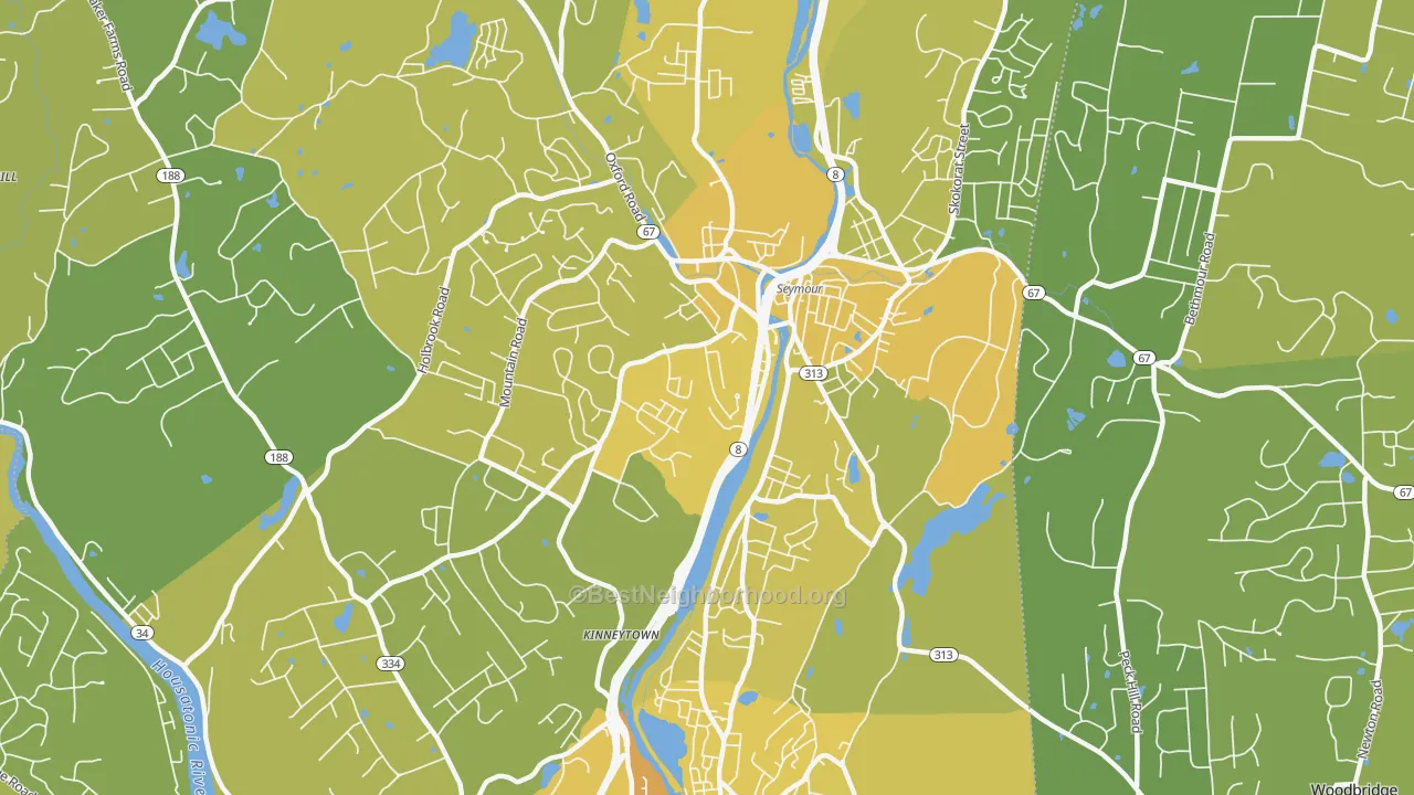 Map of the best neighborhoods in the Seymour area, with better matches in green and worse matches in red