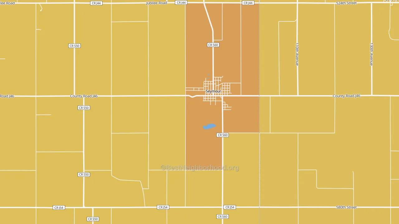 Map of the best neighborhoods in the Seymour area, with better matches in green and worse matches in red