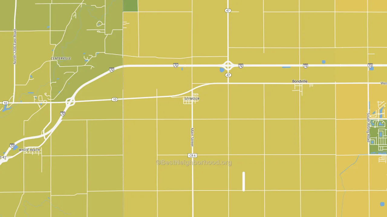 Map of the best neighborhoods in the Seymour area, with better matches in green and worse matches in red