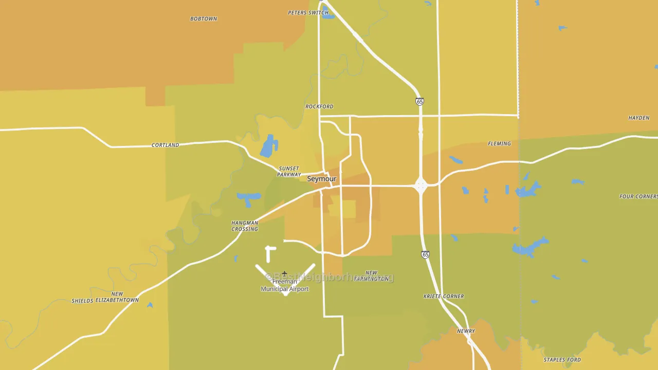 Map of the best neighborhoods in the Seymour area, with better matches in green and worse matches in red