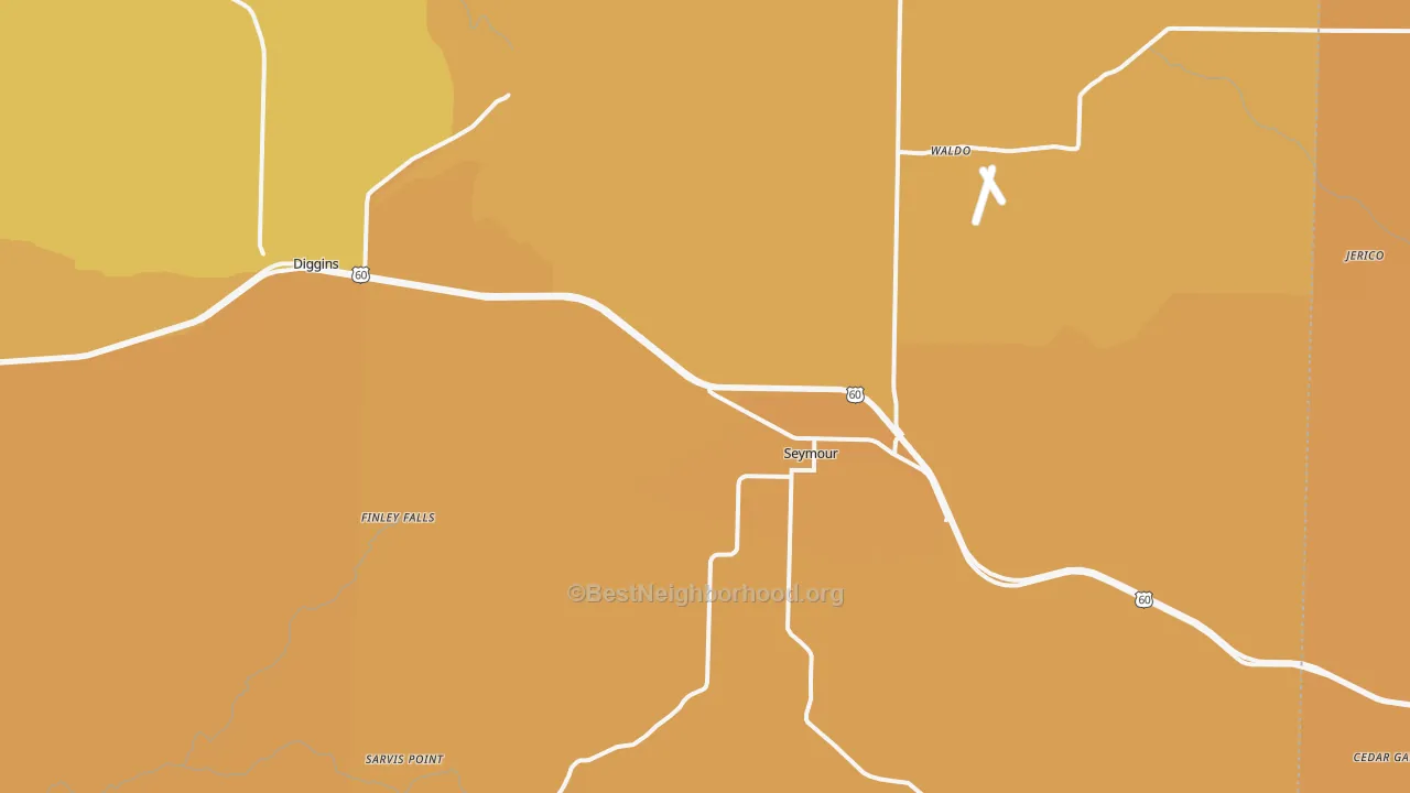 Map of the best neighborhoods in the Seymour area, with better matches in green and worse matches in red