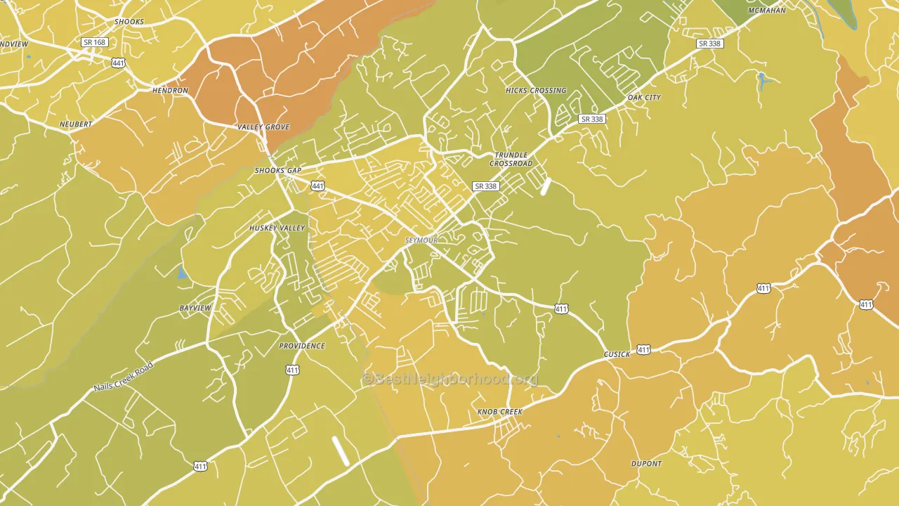 Map of the best neighborhoods in the Seymour area, with better matches in green and worse matches in red