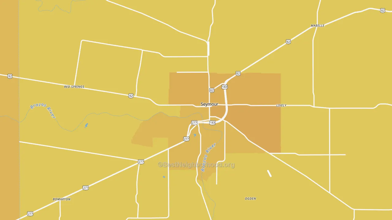 Map of the best neighborhoods in the Seymour area, with better matches in green and worse matches in red