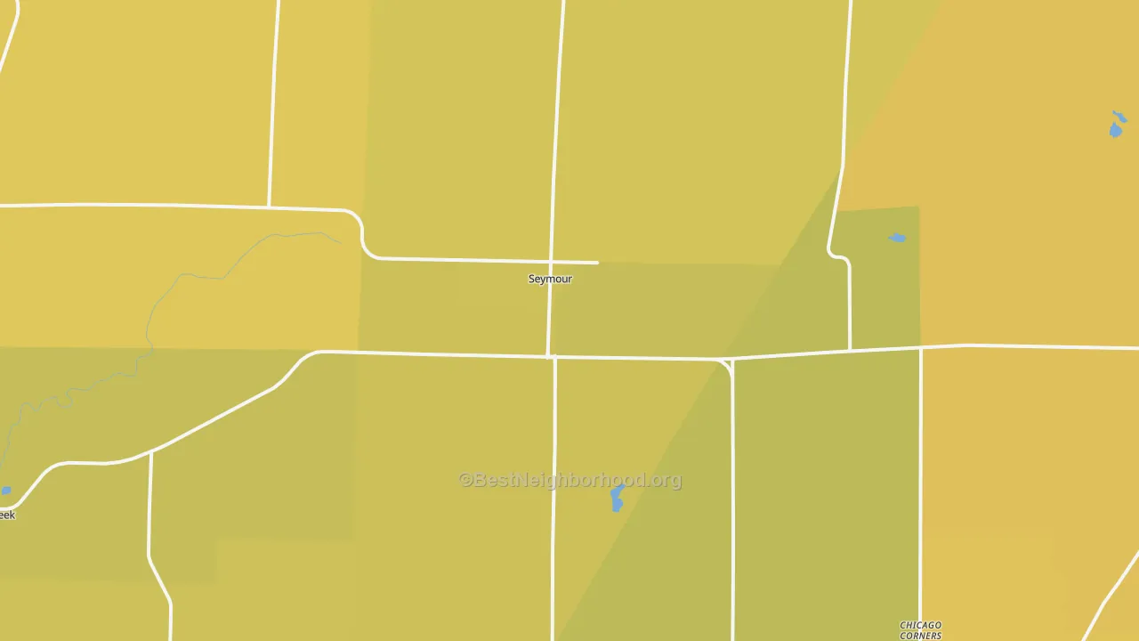 Map of the best neighborhoods in the Seymour area, with better matches in green and worse matches in red